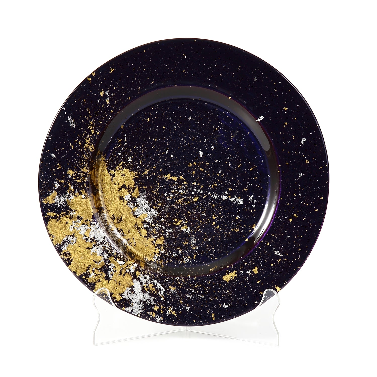 Syosaku Japanese Urushi Glass Dinner Plate 12.5-inch (32cm) Majestic Blue with Gold Leaf, Dishwasher Safe - Syosaku-Japan