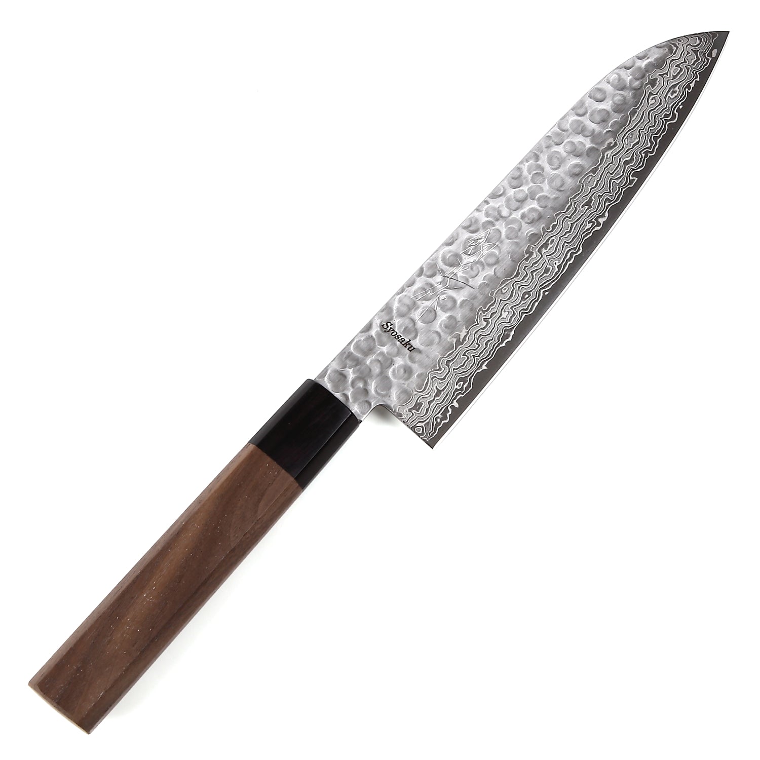 Syosaku Japanese Multi Purpose Best Sharp Kitchen Chef Knife Hammered Damascus VG-10 46 Layer Octagonal Walnut Handle, Santoku 7-inch (180mm) - Syosaku-Japan