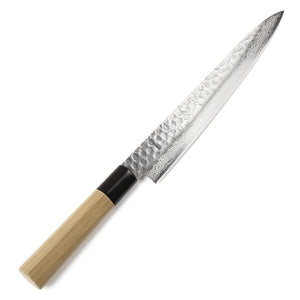 Syosaku Japanese Sujihiki Best Sharp Kitchen Chef Knife Hammered Damascus VG-10 46 Layer D-Shape Magnolia Wood Handle, Slicer 9.5-inch (240mm) - Syosaku-Japan