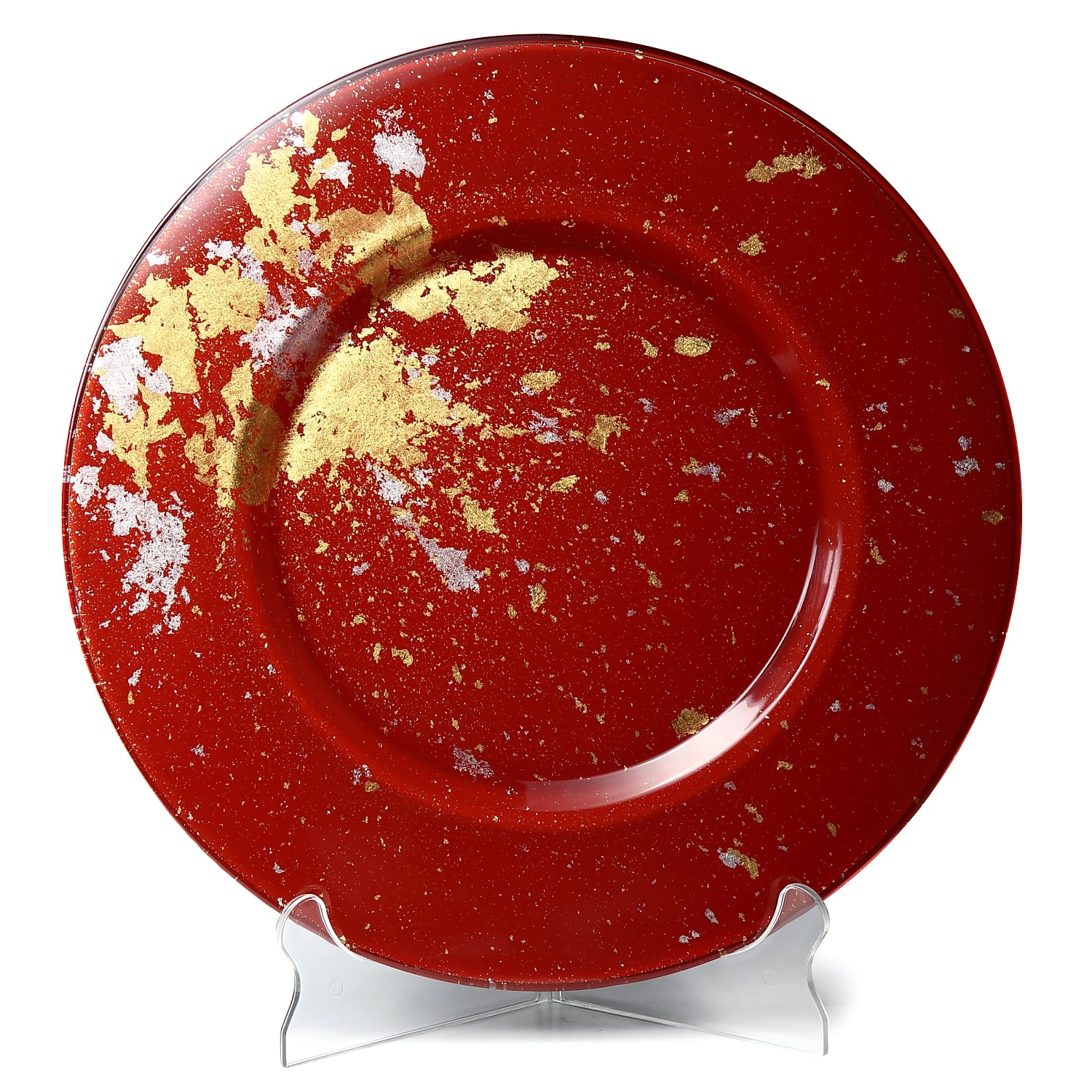 Syosaku Japanese Urushi Glass Charger Plate 13.9-inch (35cm) Vermilion with Gold Leaf, Dishwasher Safe - Syosaku-Japan