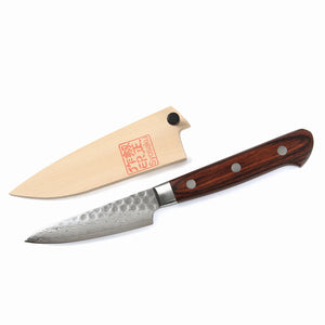 Syosaku Japanese Paring Best Sharp Kitchen Chef Knife Hammered Damascus VG-10 16 Layer Mahogany Handle, 3-inch (80mm) with Magnolia Sheath Saya Cover - Syosaku-Japan