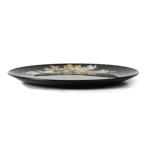 Syosaku Japanese Urushi Glass Flat Dinner Plate 11-inch (28cm) Jet Black with Gold Leaf, Dishwasher Safe - Syosaku-Japan