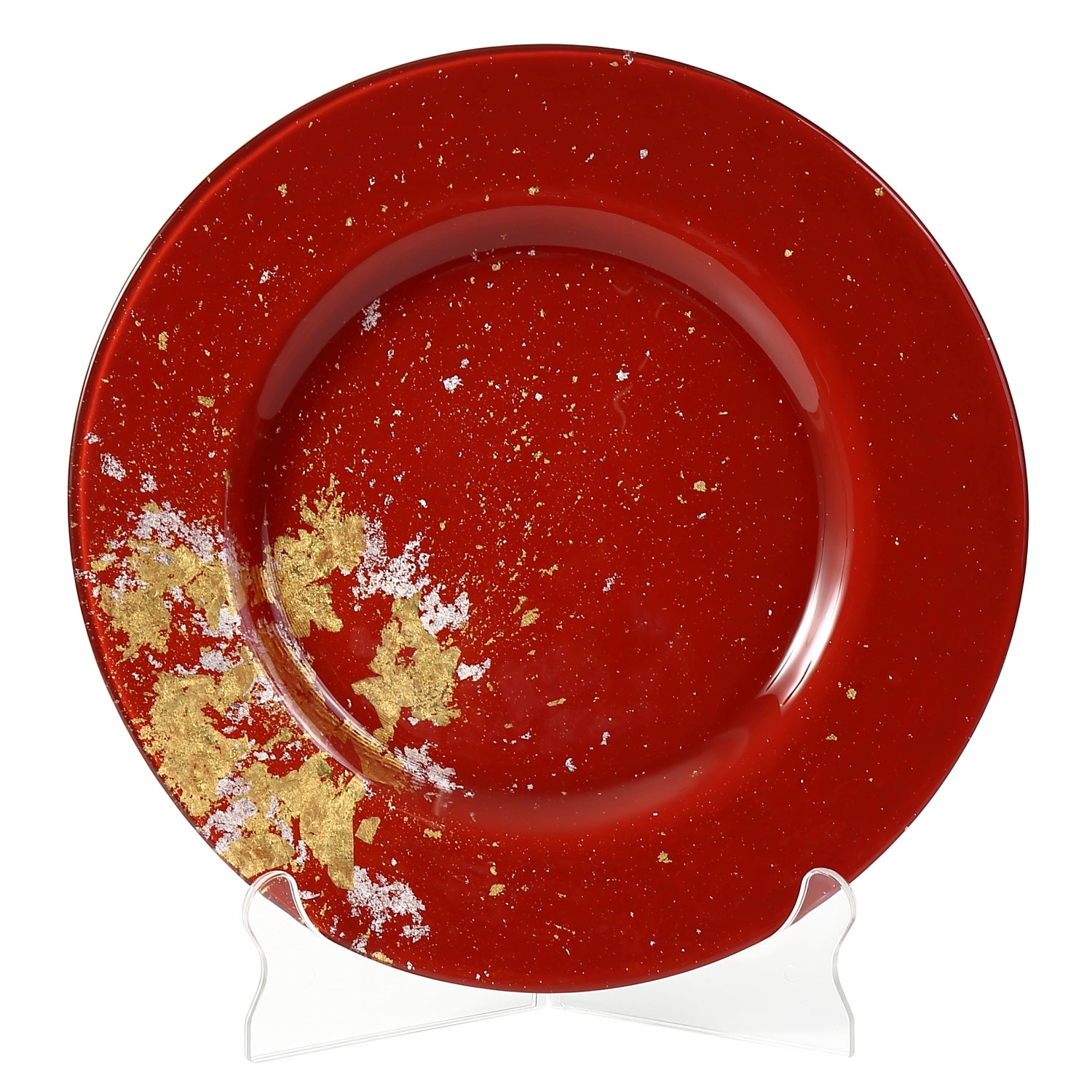 Syosaku Japanese Urushi Glass Dinner Plate 12.5-inch (32cm) Vermilion with Gold Leaf, Dishwasher Safe - Syosaku-Japan