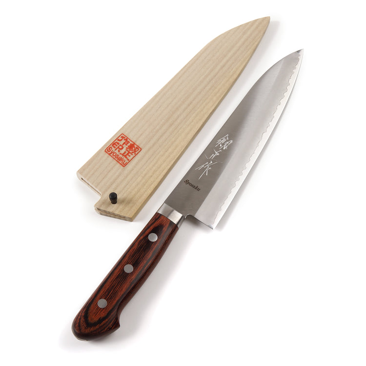 Syosaku Japanese Best Sharp Kitchen Chef Knife VG-1 Gold Stainless Steel Mahogany Handle, Gyuto 7-inch (180mm) with Magnolia Wood Sheath Saya Cover - Syosaku-Japan