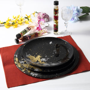 Syosaku Japanese Urushi Glass Dinner Plate 12.5-inch (32cm) Jet Black with Gold Leaf, Dishwasher Safe - Syosaku-Japan