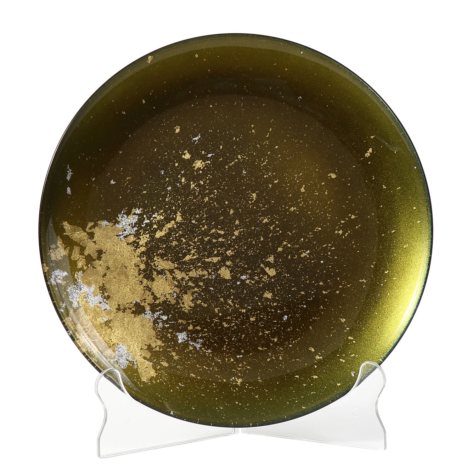 Syosaku Japanese Urushi Glass Flat Dinner Plate 11-inch (28cm) Majestic Green with Gold Leaf, Dishwasher Safe - Syosaku-Japan