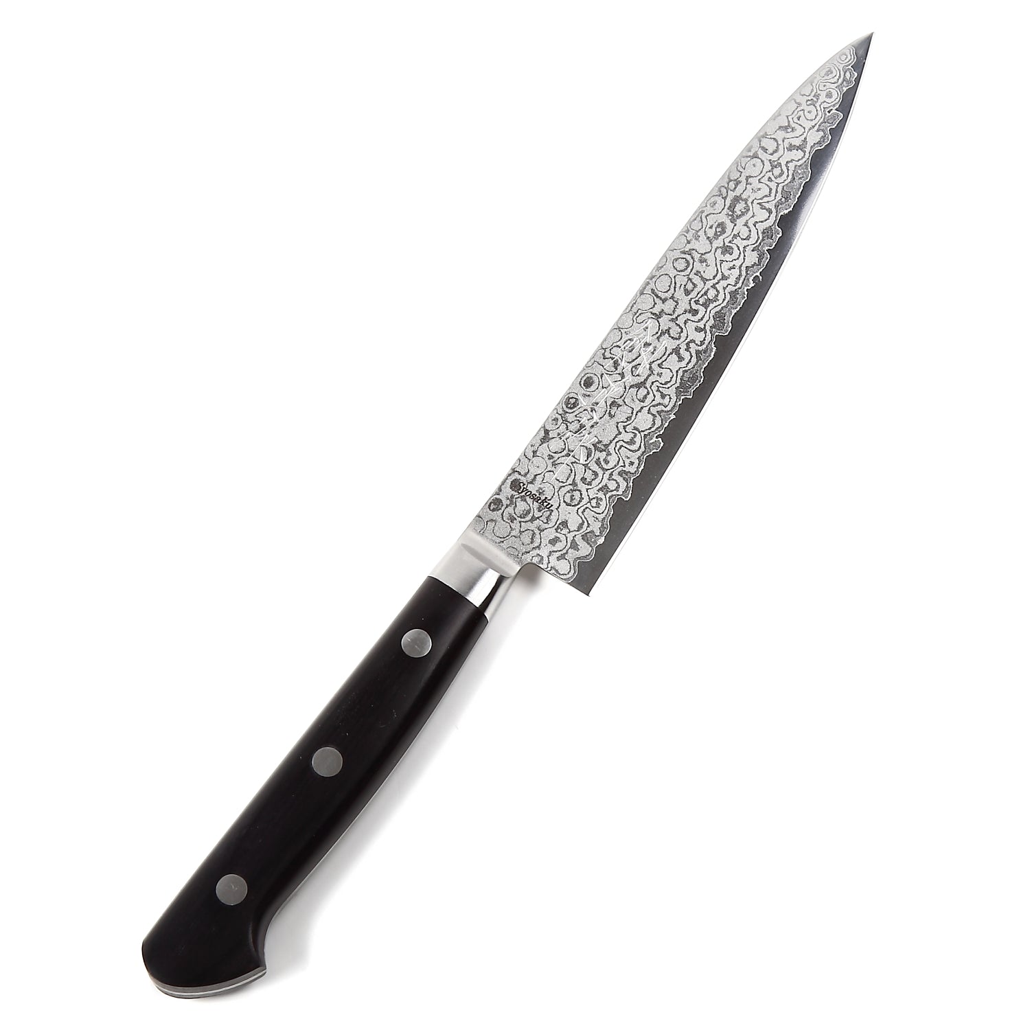 Syosaku Japanese Petty Best Sharp Kitchen Chef Knife Shaded Damascus VG-10 16 Layer Black Pakkawood Handle, 5.3-inch (135mm) - Syosaku-Japan