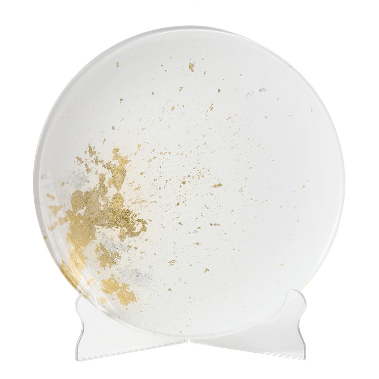 Syosaku Japanese Urushi Glass Flat Dinner Plate 11-inch (28cm) Pure White with Gold Leaf, Dishwasher Safe - Syosaku-Japan