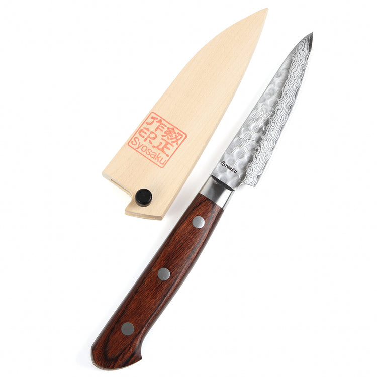 Syosaku Japanese Paring Best Sharp Kitchen Chef Knife Hammered Damascus VG-10 16 Layer Mahogany Handle, 3-inch (80mm) with Magnolia Sheath Saya Cover - Syosaku-Japan