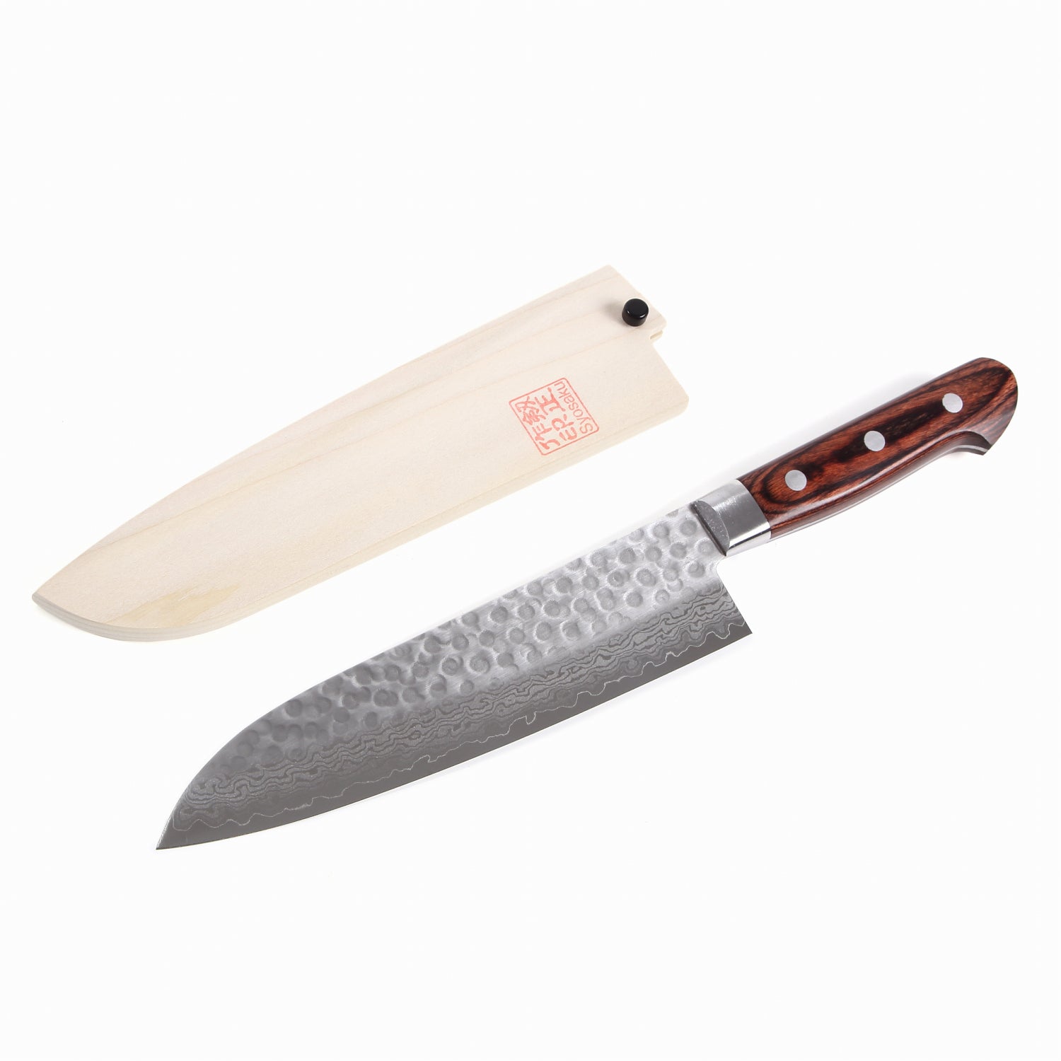 Syosaku Japanese Multi-Purpose Best Sharp Kitchen Chef Knife Hammered Damascus VG-10 16 Layer Mahogany Handle, Santoku 7-inch (180mm) w/ Magnolia Saya - Syosaku-Japan