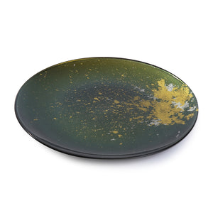 Syosaku Japanese Urushi Glass Flat Dinner Plate 11-inch (28cm) Majestic Green with Gold Leaf, Dishwasher Safe - Syosaku-Japan