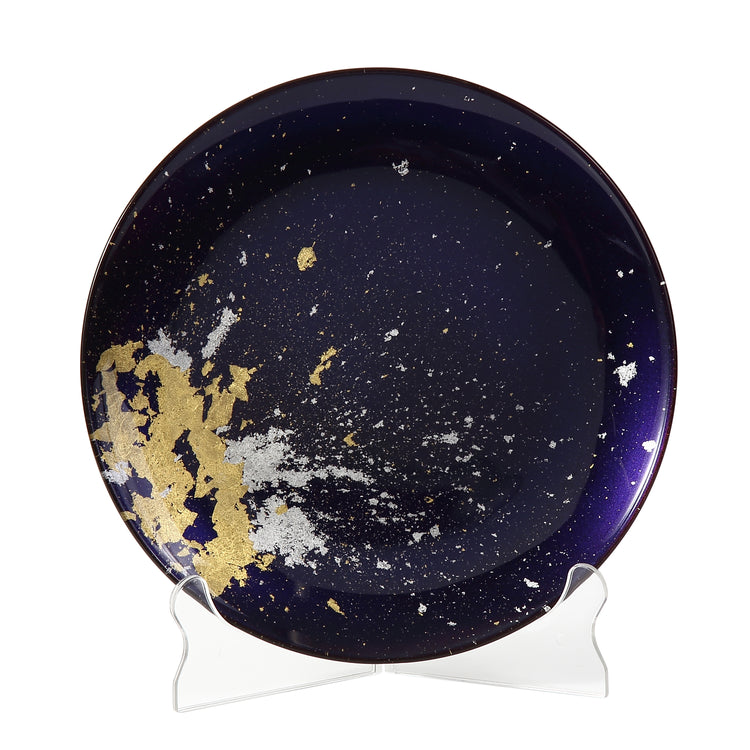 Syosaku Japanese Urushi Glass Flat Dinner Plate 11-inch (28cm) Majestic Blue with Gold Leaf, Dishwasher Safe - Syosaku-Japan