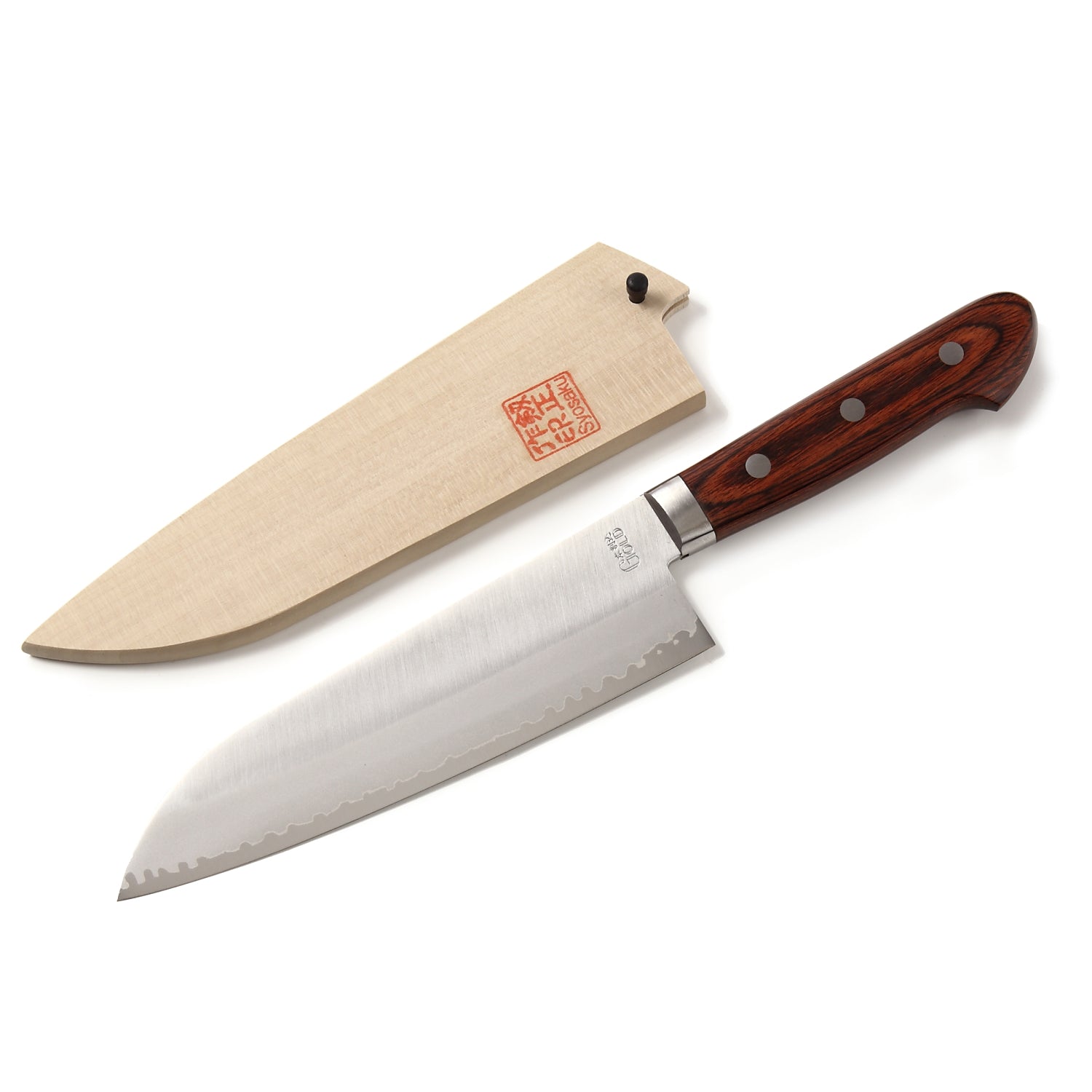 Syosaku Japanese Multi Purpose Best Sharp Kitchen Chef Knife VG-1 Gold Stainless Steel Mahogany Handle, Santoku 6.5-inch (165mm) with Magnolia Sheath - Syosaku-Japan