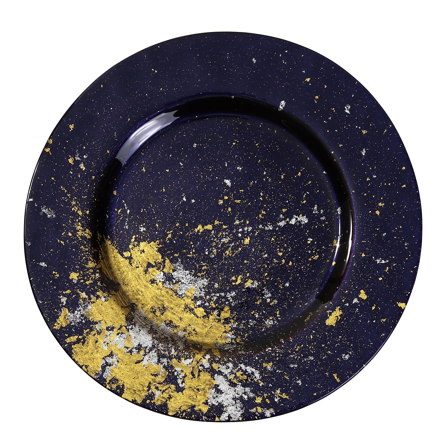 Syosaku Japanese Urushi Glass Dinner Plate 12.5-inch (32cm) Majestic Blue with Gold Leaf, Dishwasher Safe - Syosaku-Japan