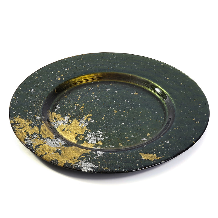 Syosaku Japanese Urushi Glass Dinner Plate 12.5-inch (32cm) Majestic Green with Gold Leaf, Dishwasher Safe - Syosaku-Japan