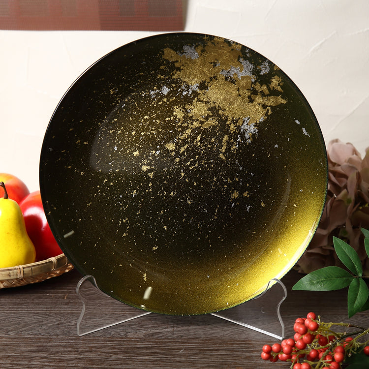 Syosaku Japanese Urushi Glass Flat Dinner Plate 11-inch (28cm) Majestic Green with Gold Leaf, Dishwasher Safe - Syosaku-Japan